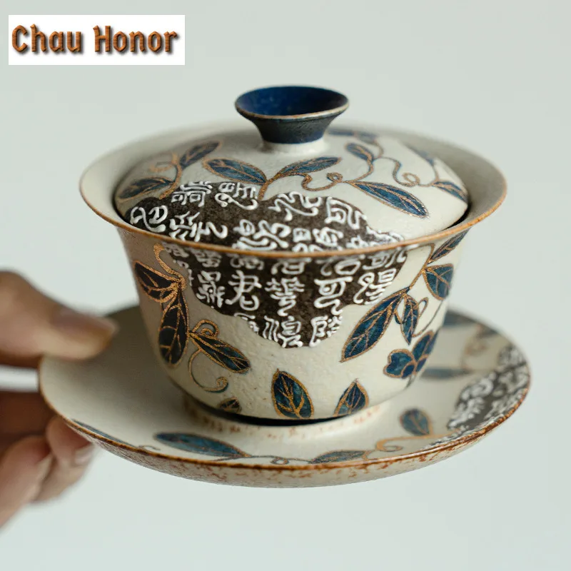 160ML Blue And White Flint Red Gaiwan Gold Drawing Branch Lotus Tea Tureen Tea Bowl With Lid Kit Tea Making Cover Bowl Tea Set