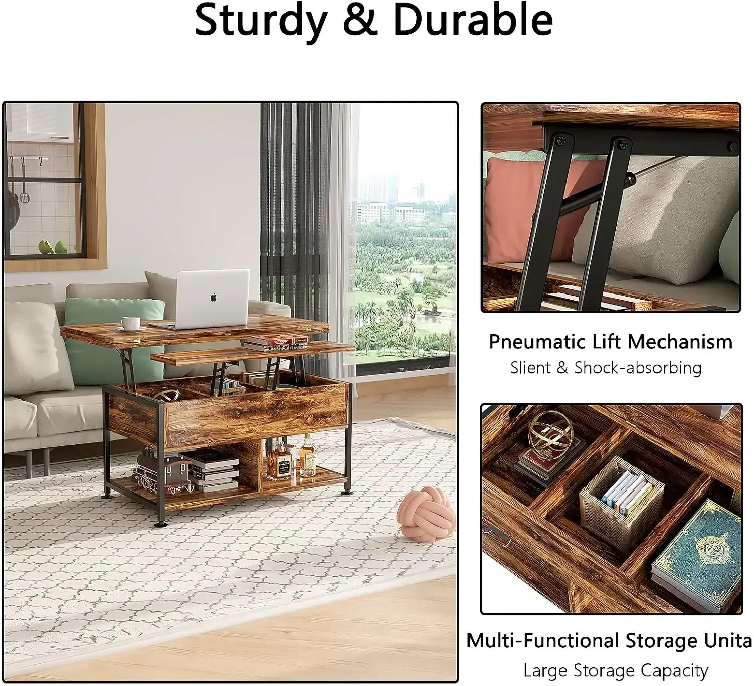 Lift Top Coffee Table,4 in 1 Multi-Function,Modern Lift Tabletop Dining Table for Living Room Reception/Home Office,Rustic Brown 4