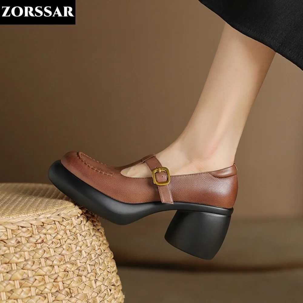 

Retro Chunky Platform Pumps Women 2024 Spring Genuine Leather High Heels Shoes Woman Ankle Buckle Thick Heeled Shoes Office Lady