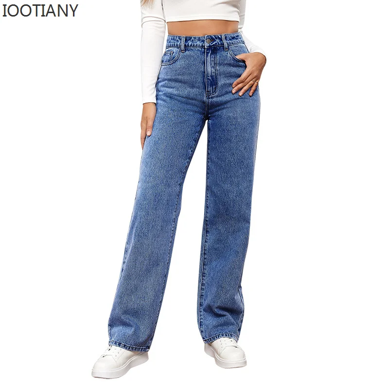 IOOTIANY New Europe And The United States New Loose Casual Trousers Fashion With Straight Jeans High-waisted Washed Ladies Jeans
