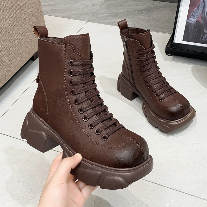 

Designer Black PU Leather Ankle Boots Women Autumn Winter Round Toe Lace Up Shoes Woman Female Motorcycle Platform Botas New