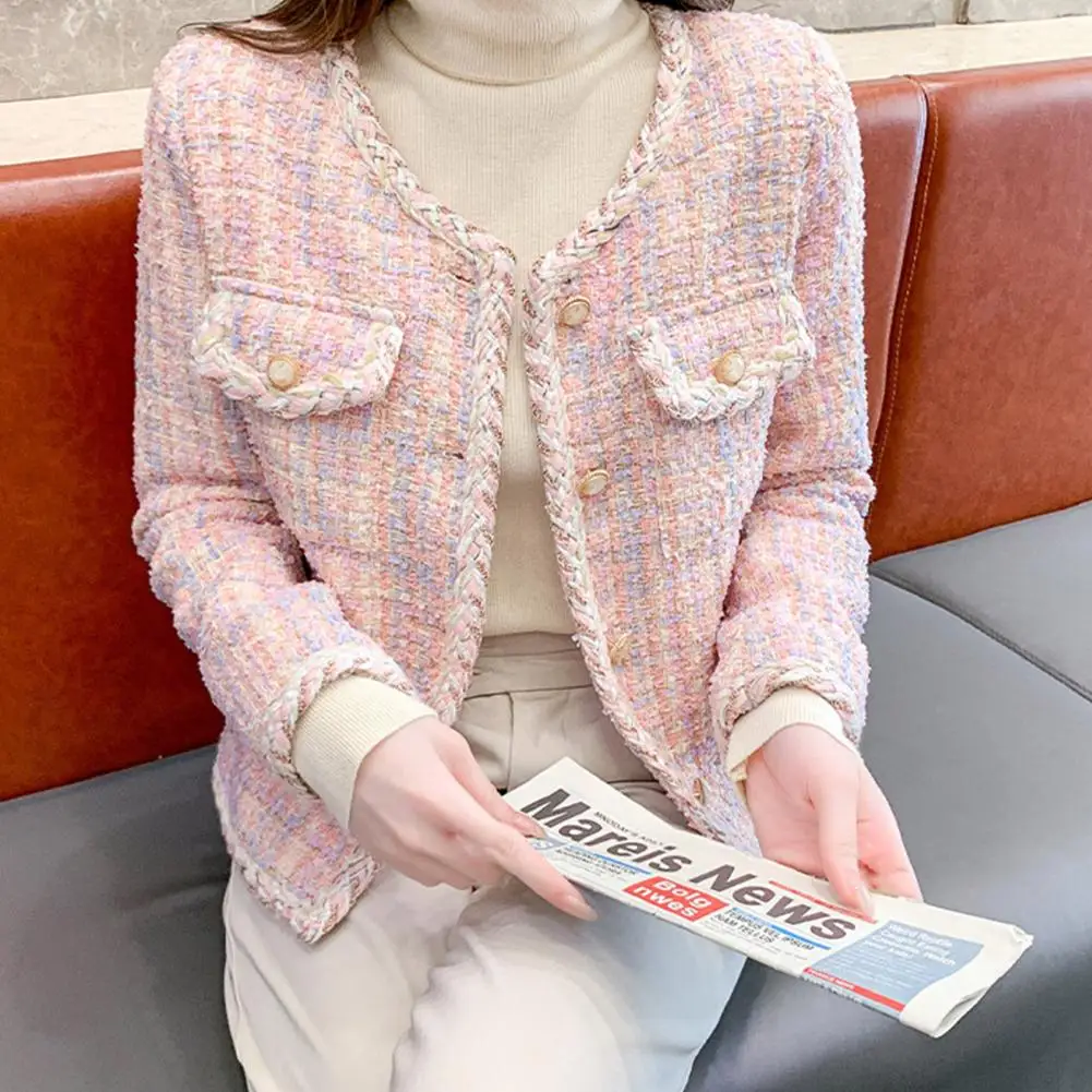 

Женское твидовое пальто в клетку, осенне-зимнее пальто, теплая Стильная верхняя одежда с однобортным дизайном, удобные мягкие женские карманы