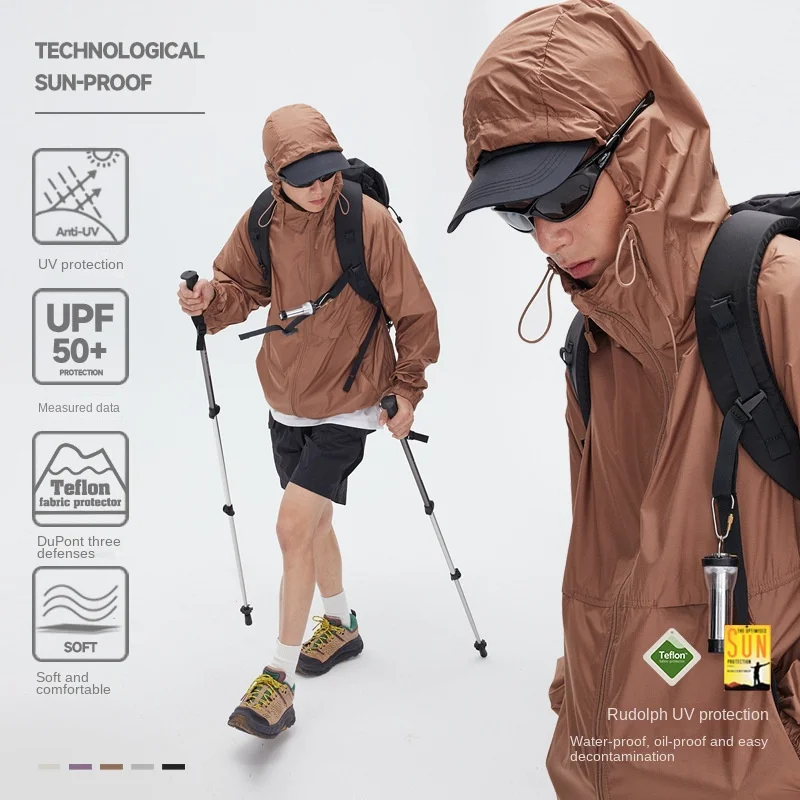 2024 여름 Upf50 듀폰 쓰리 프루프 레트로 툴링 후드, 자외선 차단 의류, 단색 스킨 코트, 남녀 재킷