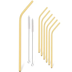 Deluxe 7 - Piece Reusable Silver Metal Straw Set with Cleaning Brushes (Gold)