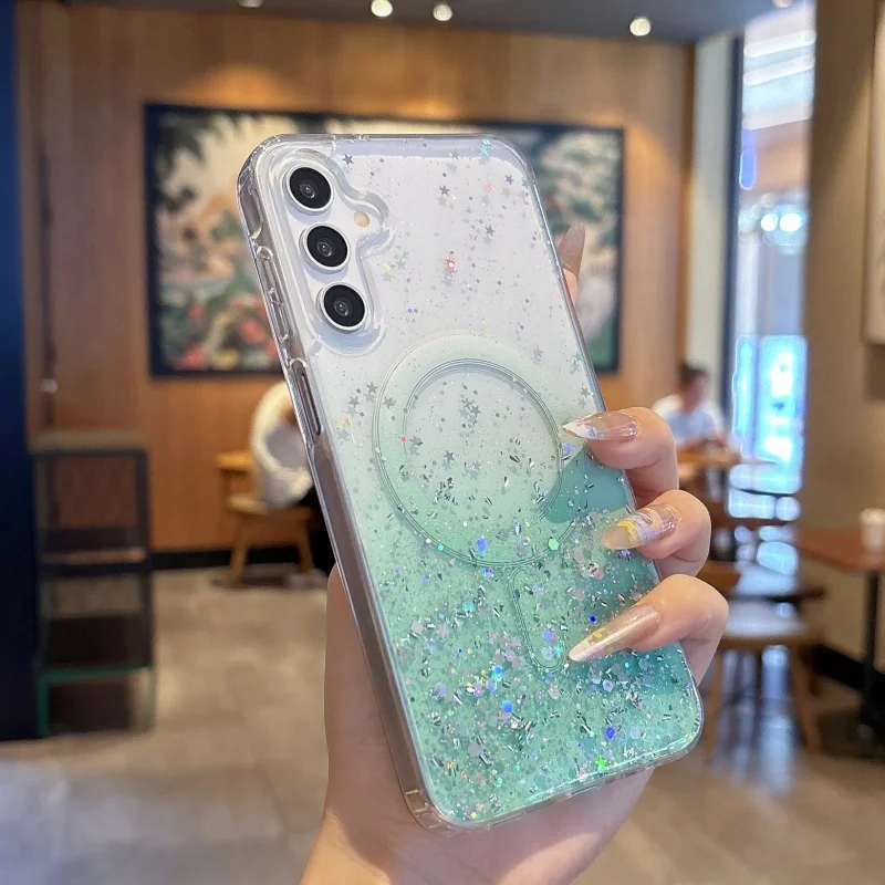 Glitter Star Transparent Magnetic Case with Magsafe Wireless Charging Compatible Soft Cover