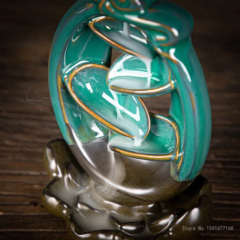 Ceramic Backflow Incense Burner, Creative Ornaments, Green Square, Round, Kiln Variable Decoration Ornament, Aroma Diffuser, 1Pc