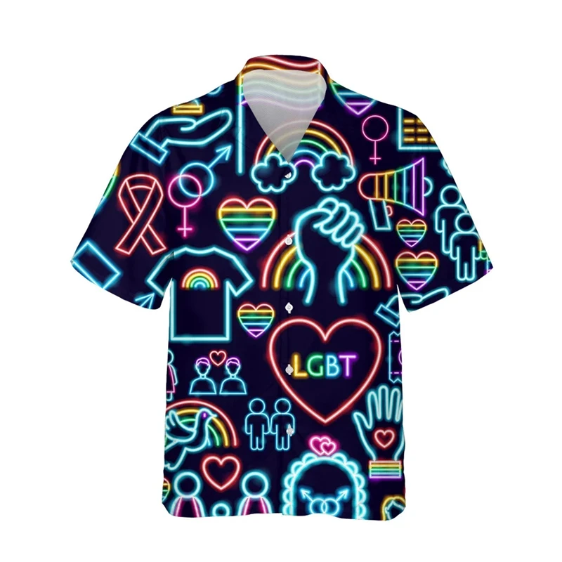 thumbnail image 1 of Camisetas con la bandera del arcoíris LGBT para hombres y mujeres, camisetas con estampado 3D, personalidad, solapa fresca, botón único, blusas de verano de manga corta, 1 of 5