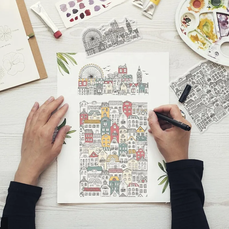 City Block Background Clear Stamp Ferris Wheel Transparent Silicone Stamp Cartoon House Rubber for Scrapbook Journal Card
