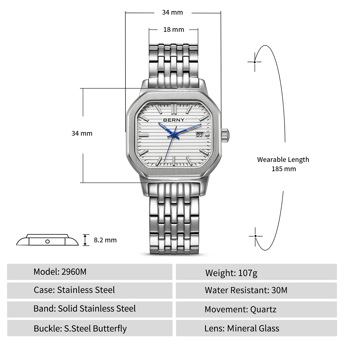 BERNY Uhren für Herren, modisch, lässig, mit Datumsanzeige, leuchtend, Quarz, Herrenuhr, elegantes rechteckiges Zifferblatt, Kalender, Business-Armbanduhr – Detail 6