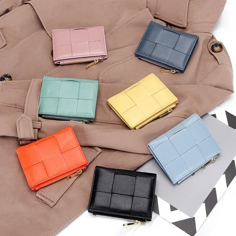 Women Genuine Sheepskin Leather Purse Handbag With Zipper Coin for Female Fashion Short Wallet Money Clip Knitting