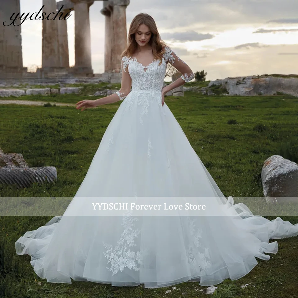 

Elegant White Half Sleeves A-Line Wedding Dresses 2024 Lace Appliques V-Neck Court Train Bridal Gowns For Women Vestido De Novia