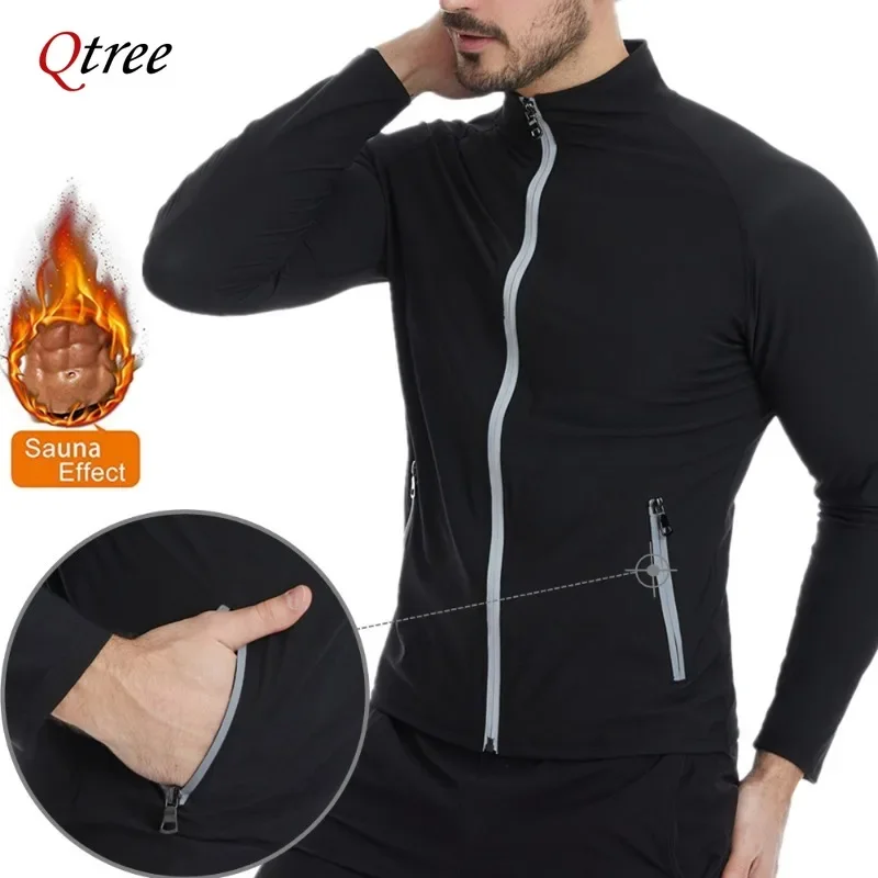 Qtree Slimming Sauna Sweat Suits Men Body Shaper Zipper Weight Loss Compression Jacket Fat Burn Waist Trainer Hot Thermo Gym