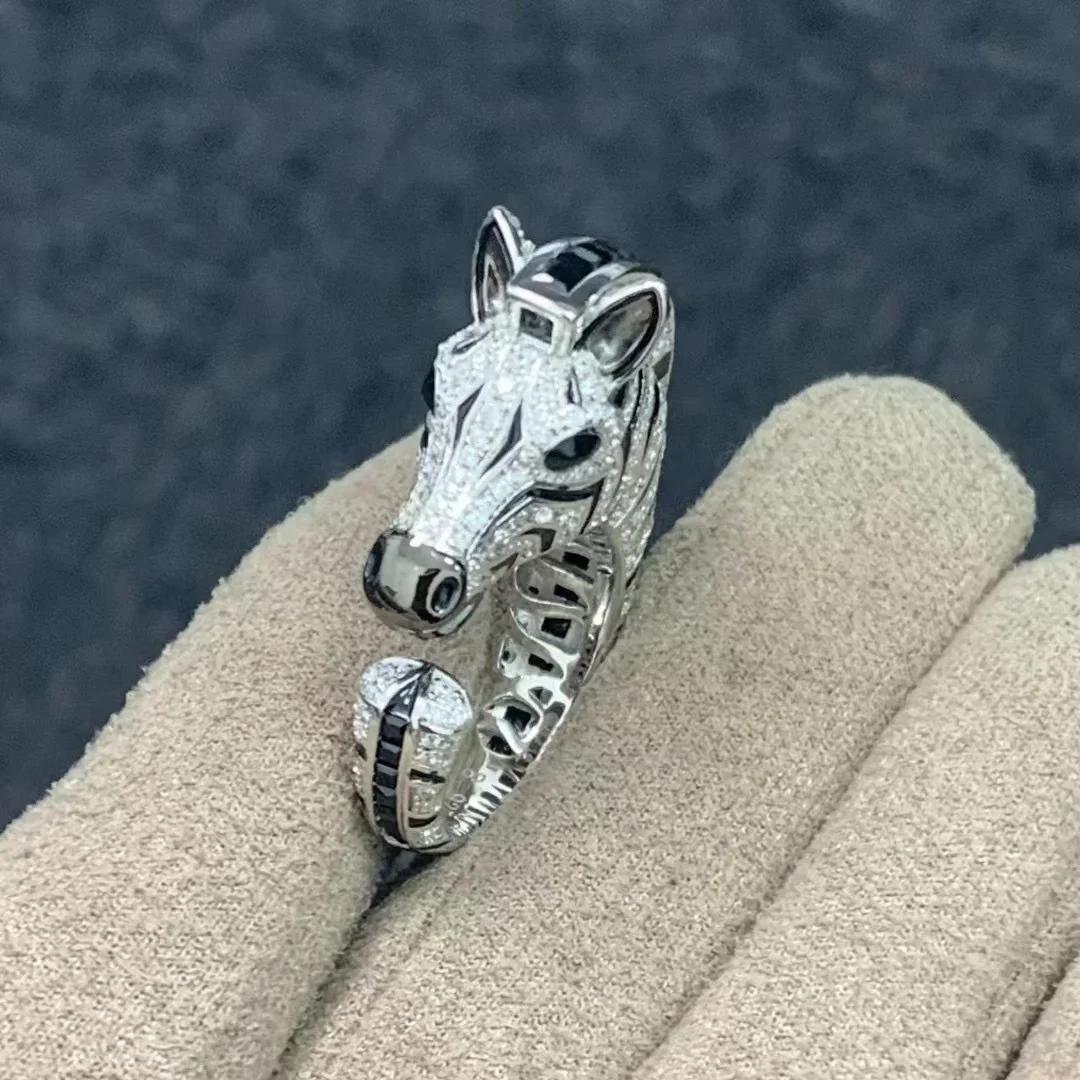 Pure 925 Sterling Silver Creative Black Animal Horse Zebra Ring For Women Fine Party Jewelry Gift