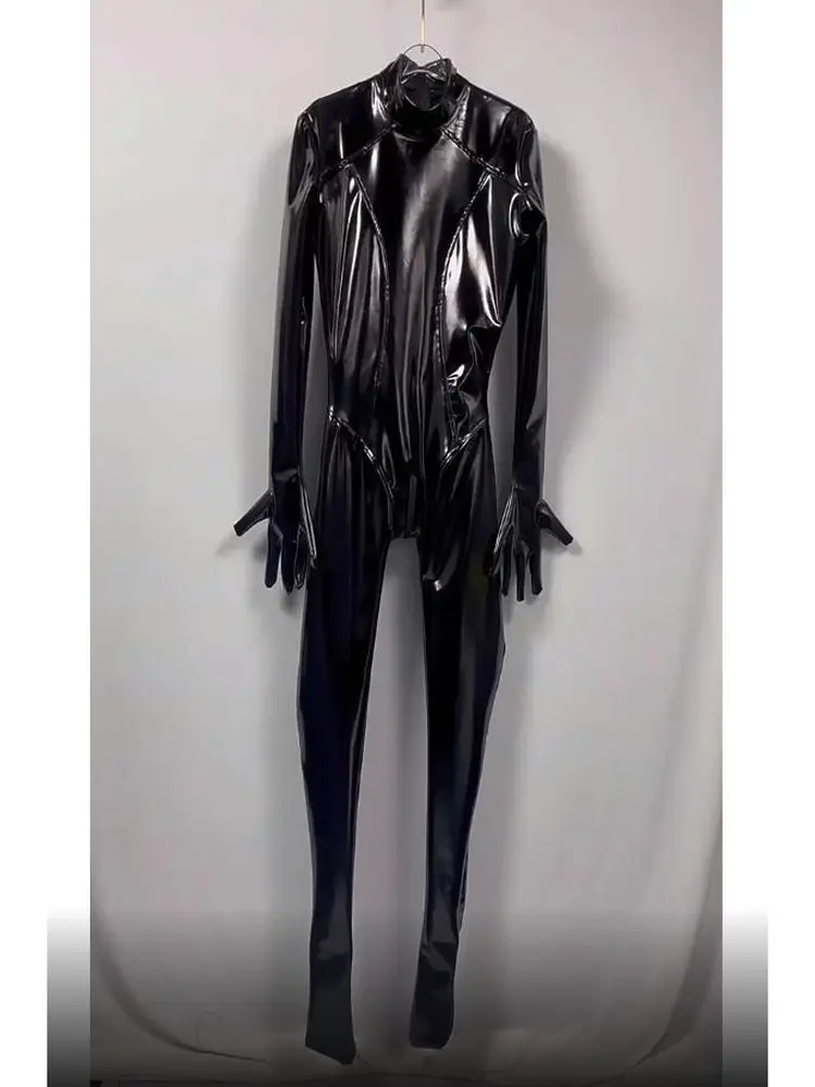 Wet Look PVC Catsuit Shiny PU Leather Cosplay Fingers Pantyhose Bodystocking Tights Sexy Open Crotch Bodysuit Clubwear Conjoined 3