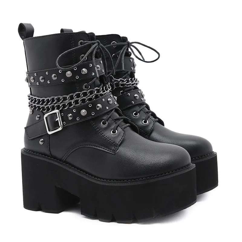 

Maogu British Style Winter New Thick Bottom Black Platform Ankle Boots Woman Side Zipper Chain Nightclub Women's Boot Leather 43