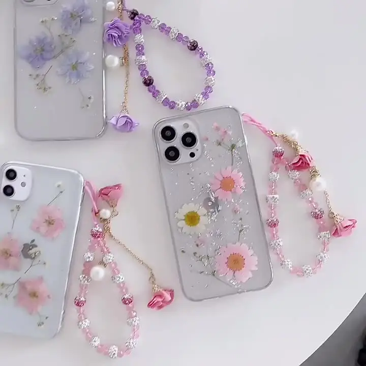 Soft Dried Real Flowers Phone Case for Iphone 13 Pro Max 12 Mini Xs 11 XR X 7 8 Plus TPU Covers With Lady Pendant Bracelet Funda iphone 13 mini mobile phone cases