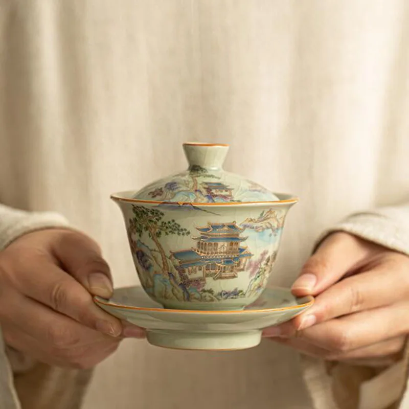 Chinese Style Ruyao Sancai Gaiwan Kungfu Tea Cup Tea Tureen Infuser Bowl Ceramic Crafts Kitchen Teaware