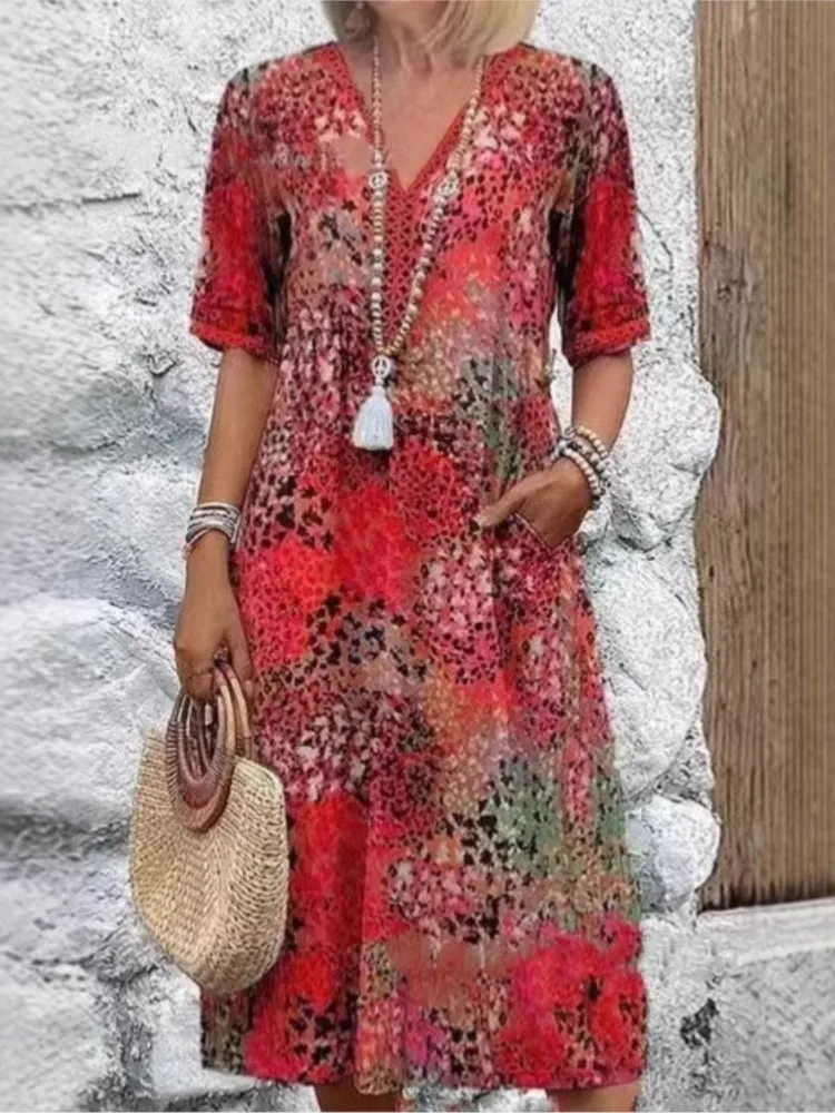 Elegant V-Neck Waisted A-Line Mid-Length Dress, Romantic Vacation Textured Printe | ChicGrl