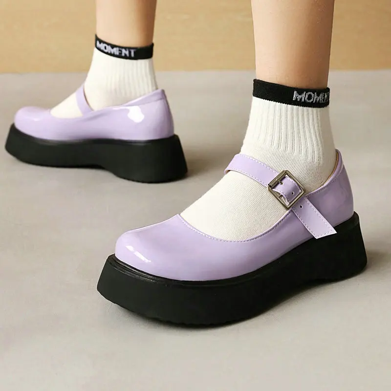 

PU Patent Leather Girls School Shoes Foam Light Thick Sole Platform Flats Big Round Toe Yellow Purple Mary Janes Flats Shoes