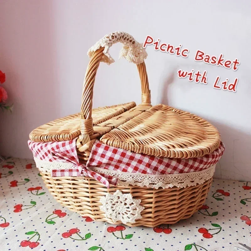 Camping Picnic Fruit Baskets Food Organizer Handmade Big Basket Retro Wicker Carry-on Handle Willow Woven Storage Hamper Outdoor