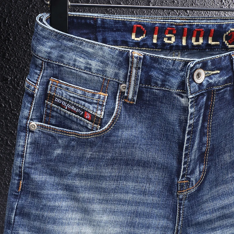 Fashion Designer Men Jeans High Quality Retro Washed Blue Stretch Slim Fit Ripped Jeans Men Embroidery Vintage Denim Pants