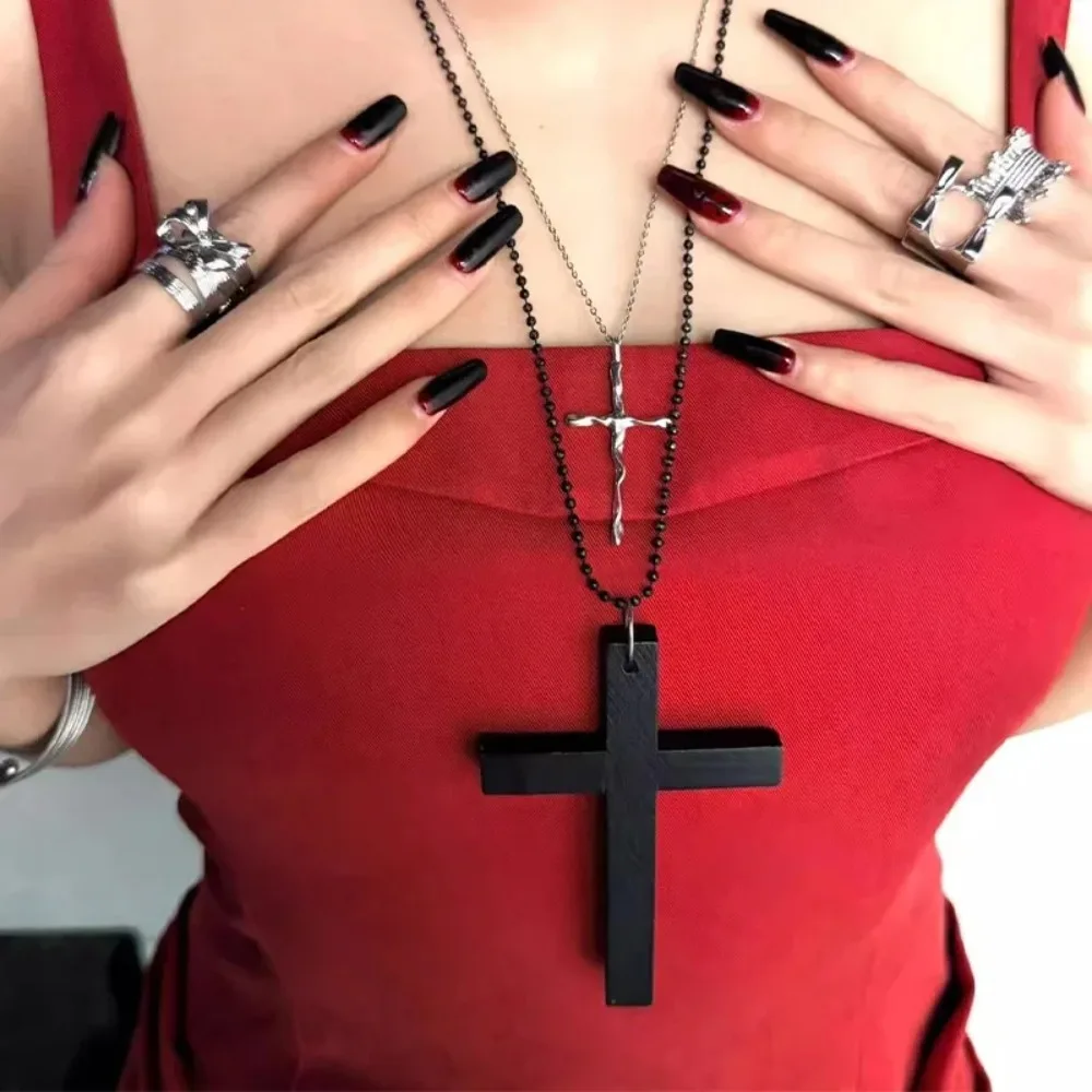 Serenity Punk Gothic Wood Cross Pendant Necklace 5