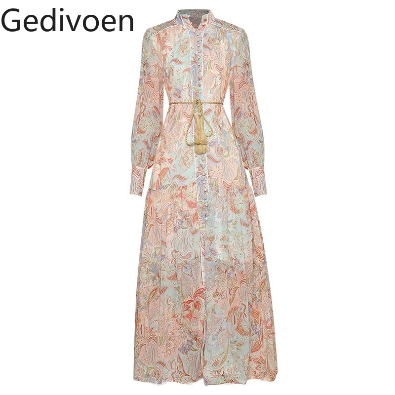 

Gedivoen Fashion Designer Autumn Dress Stand Collar Lantern Sleeve Single Breasted Vintage Flower Print Loose Dresses