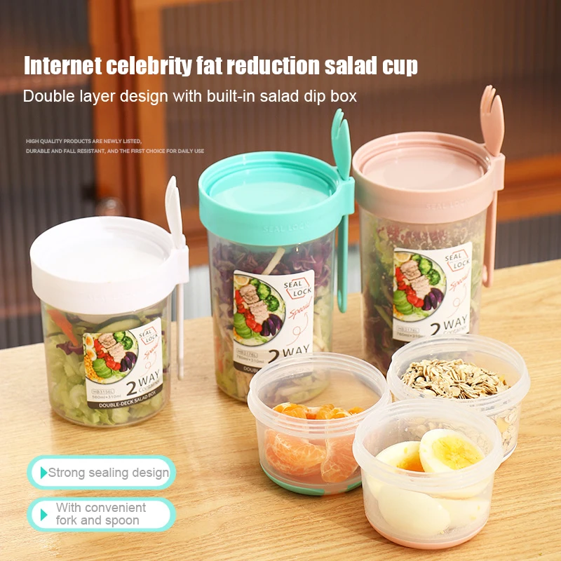 Double Layer Plastic Salad Cup With Spoon Lid, Breakfast Cup With