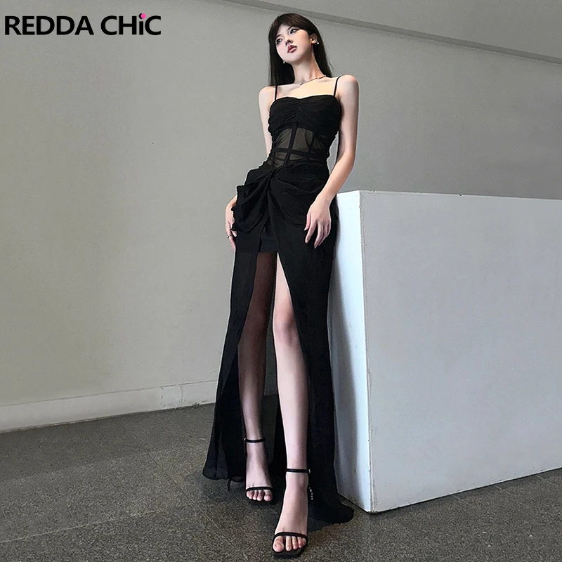 

REDDACHiC Semi-sheer Mesh Boned Women Long Dress with Slit Black Ruched Spaghetti Straps Sexy Bodycon Evening Party Formal Dress