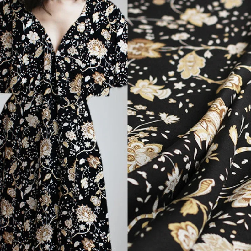 

Mulberry Silk Stretch Crepe De Chine Fabric Spandex Black Bottom Brown Yellow Floral Print Women's Clothing Cloth by the Yard