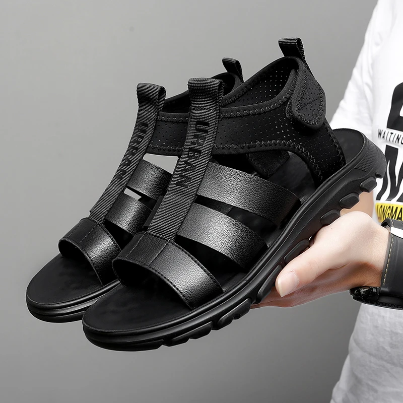 

Men Korean Version Genuine Leather Roman Sandals Summer Black Casual Shoe Male Buckle Strap Platform Sandals Outdoor Beach Shoes