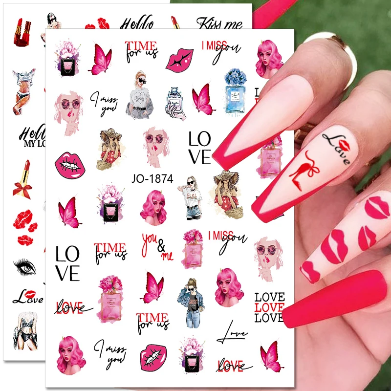

3D Sexy Girl Nail Stickers Red Lips Summer Beach Ocean Tropical Palm Tree Nail Decals Abstract Figure Nail Art Decorations