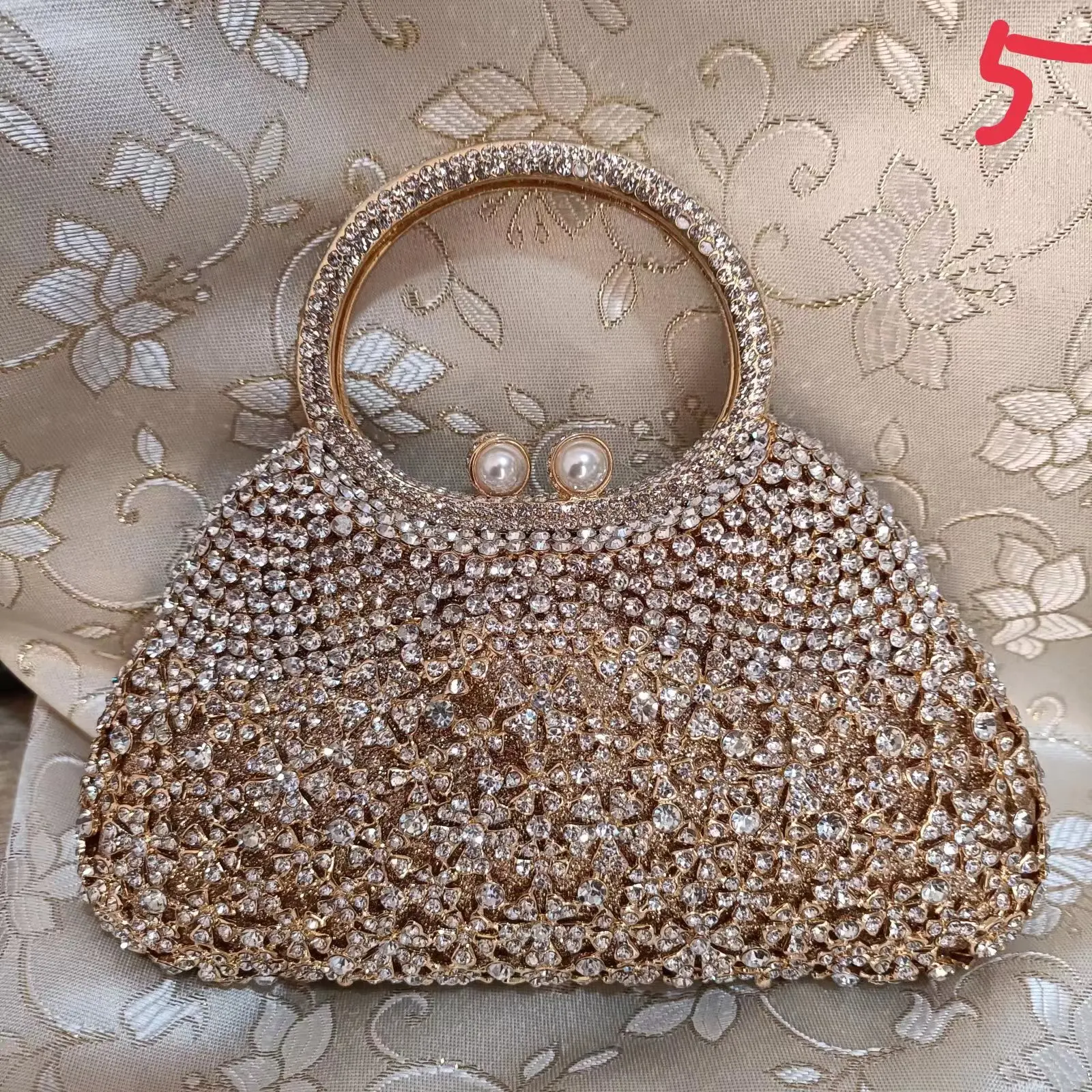 Gold Metal Pearl Top-Handle White Crystal Clutch Bag High Quality Women's Flower Diamond Wedding Bridal Handbags Fashion Bags