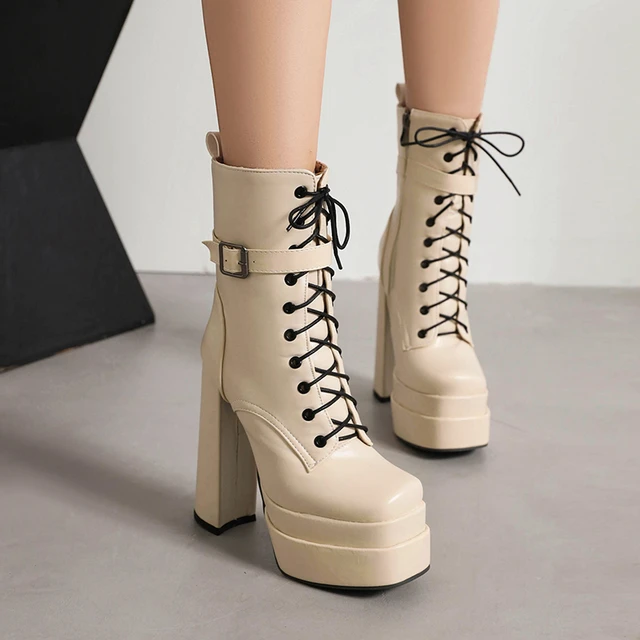 What is Latest Ladies Lace High Heels Ankle Boots Strap Waterproof