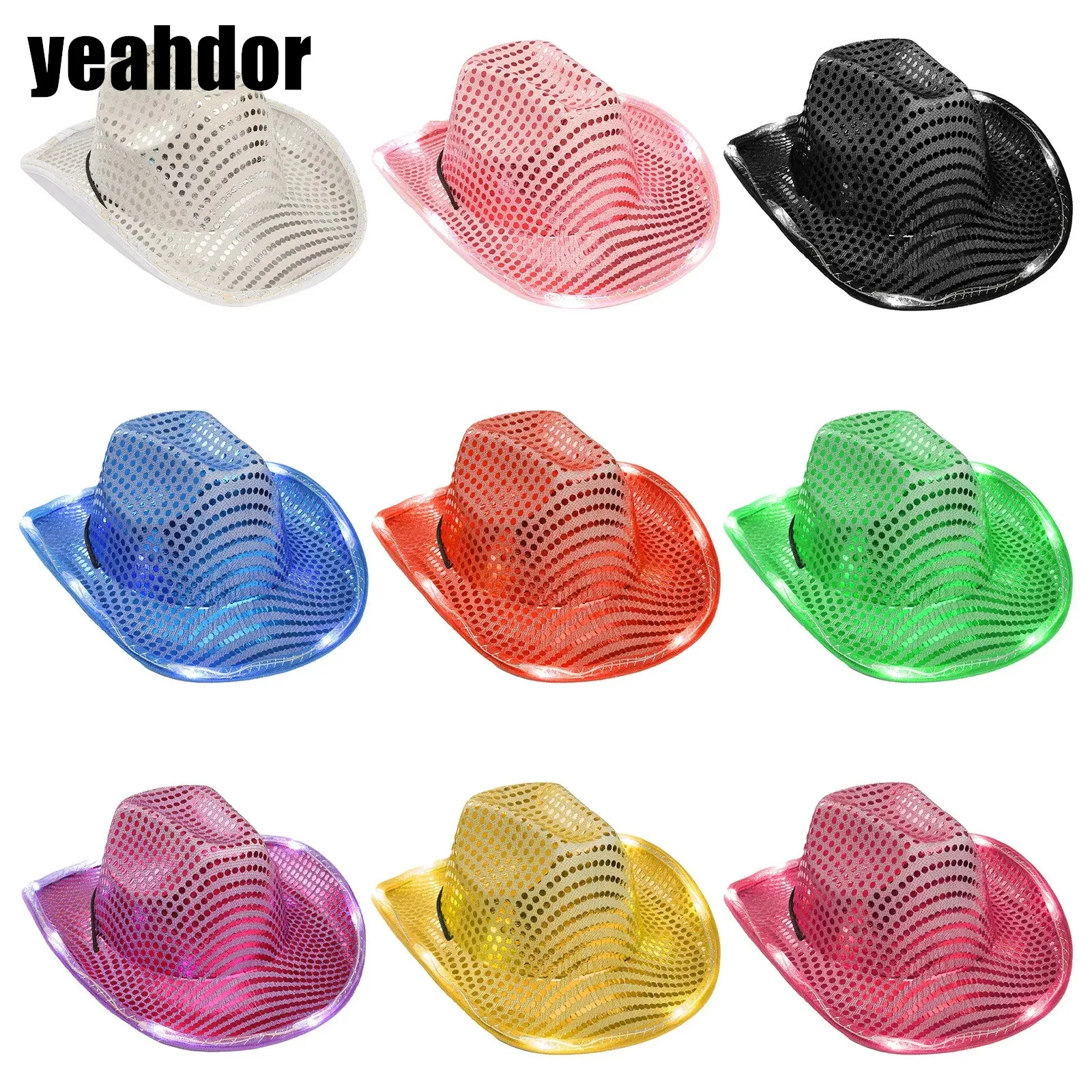 Mens LED Light Up Western Cowboy Hat Adjustable Drawstring Shiny Sequin Flashing Lights Sun Hat Cowboy Halloween Party