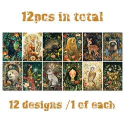 WhimsyWoodland Vintage Wildlife Art Card Collection: Enchanted Forest Animal Wall Collage Kit for Magical Home Decor (12pcs Cards)