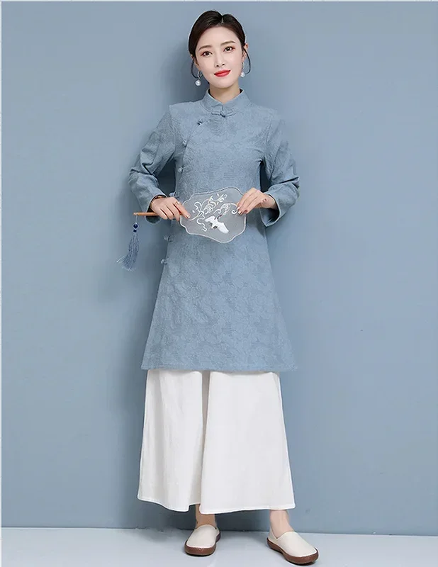 

Chinese Style Two Piece Set Women's Sets Fashion Ensemble Femme Best Seller Cotton Linen Casual Embroidery Solid Elegant Loose