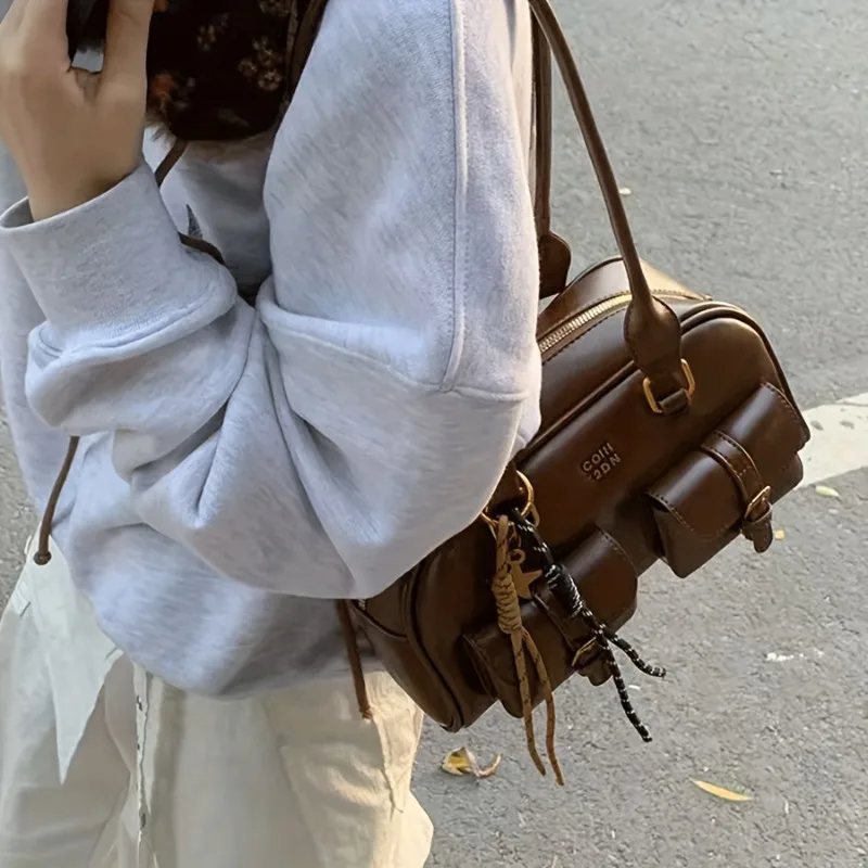 Stylish Shoulder Bag with Multiple Pockets, Golden-Tone Hardware & Letter Print Design Handbags for Women Travel, Work, Outings