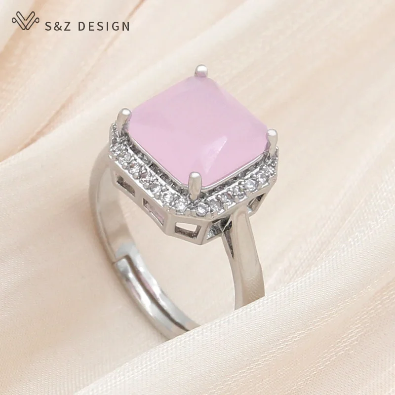 S&Z DESIGN New Classic Square Pink Crystal Rings For Women Wedding 585 Rose Gold Color Cubic Zirconia Jewelry Fashion Gift