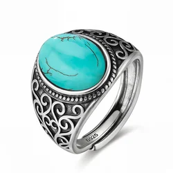 Elegant Vintage Sterling Silver Ring with Natural Turquoise Stone and Intricate Flower Carving - 8 (R680TU)
