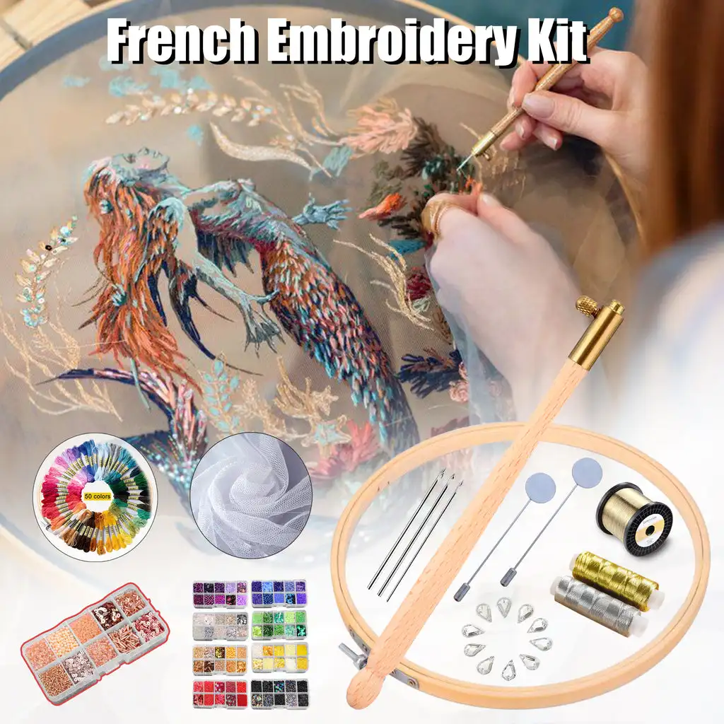 Description Picture 2 of itemExquisite French Embroidery Kit Wood Tambour Hook Needles Beaded Thread Set Needlework Cross Stitch Craft DIY Sewing Accessories