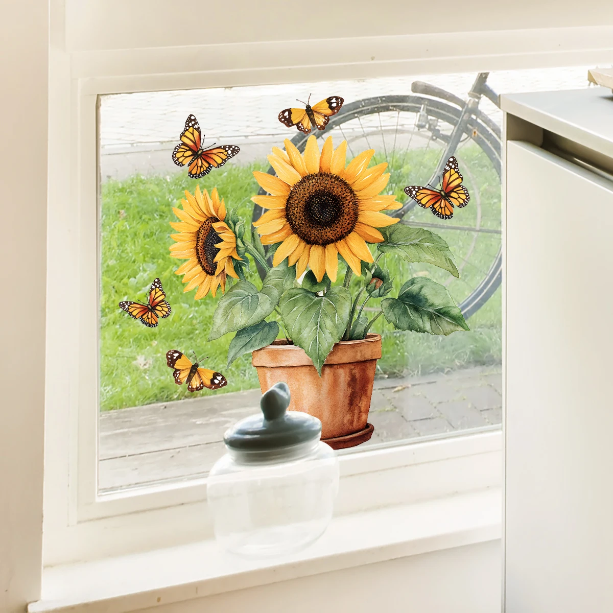 1PC Sunflowers potted plants butterflies shop window stickers living room bedroom home decoration glass windows wall sti