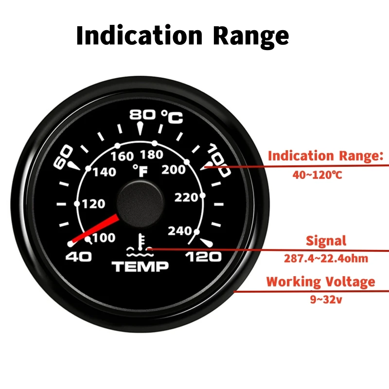 52mm 수온 측정기 40-120 ℃ /100-240 ℉   장치 표시 8가지 백라이트 색상 NPT38 M14X1.5 M16X1.5 수온 센서