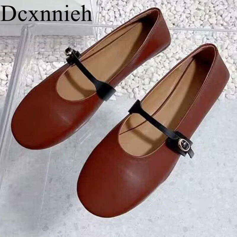 

New Genuine Leather Solid Colors Flat Single Shoes Women One Character Strip Mary Jane Shoes Spring Autumn Retro Ballet Shoes