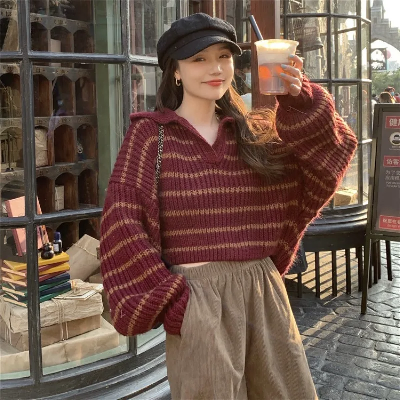 

Sweater Striped Knit Pullovers Women's Clothing Spring Autumn New Jumpers 2023 Loose Sweaters Short Cropped Top Soft Outifits