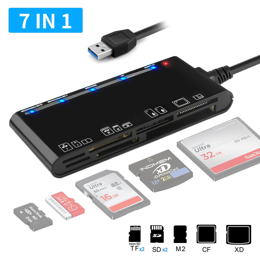 

CR7 USB 3.0 Multi-Function Card Teader CF/XD/MS/SD/TF Card Seven In One Compatible With Windows Vista/XP/7/8/10/, Linux, Mac Os