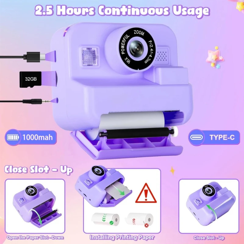 Kids Digital Camera Instant Print Video Recording 32G Card Thermal Printing For Kids Learning Development digital camera