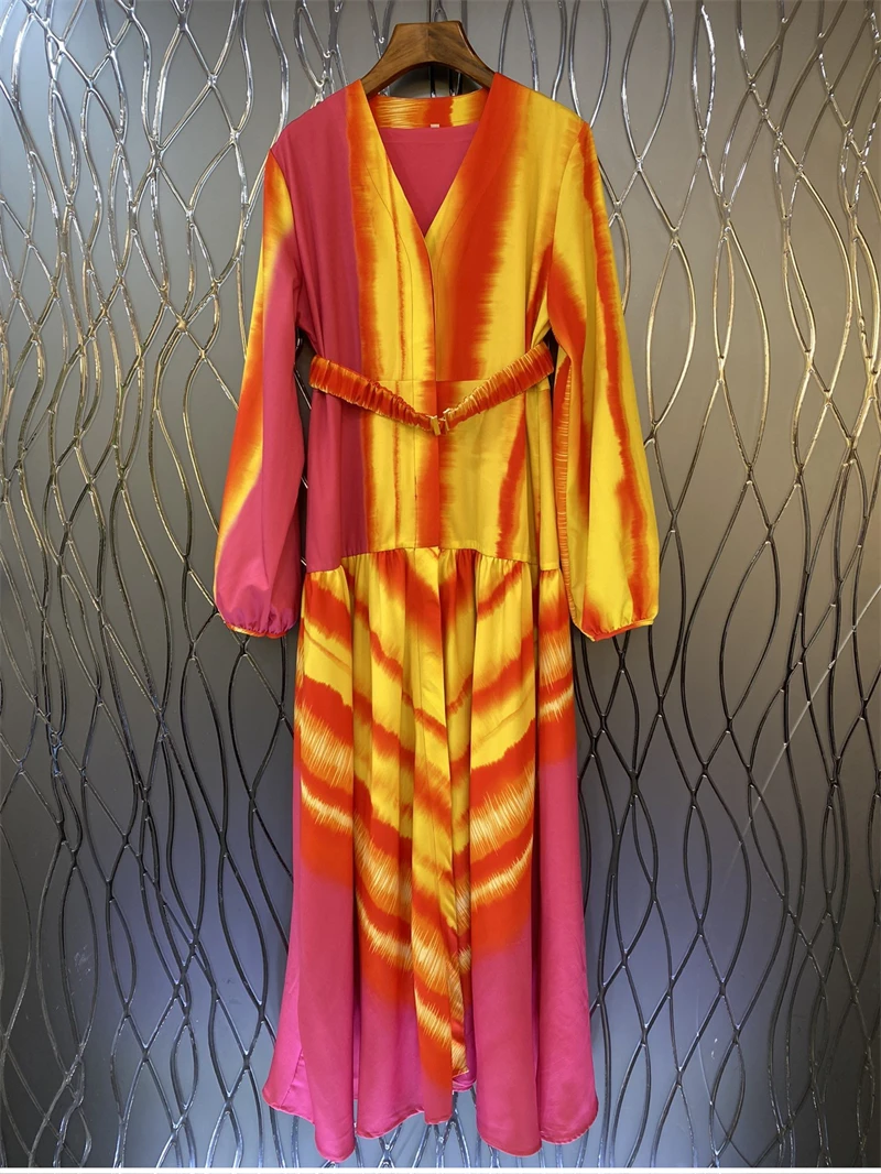 

New 2023 Spring Summer Long Dress Women V-Neck Gradient Color Prints Belt Deco Long Sleev Casual Long Party Maxi Dress Vestido
