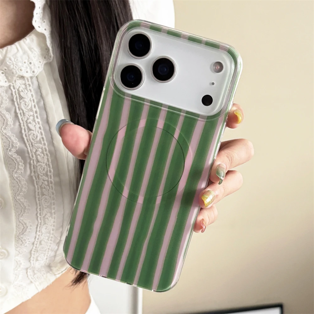 Cute Colorblock Stripes Pattern For Magnetic Wireless Charging For iPhone 17 16 15 14 13 12 Pro Max 11 Pro Max Shockproof Cover 2