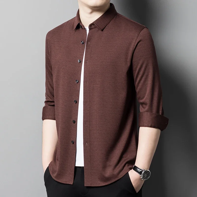 Seamless Wool Men's Dress Shirts Luxury Solid Color Long Sleeve Business Casual Single Breasted Male Shirts Plus Size 4XL